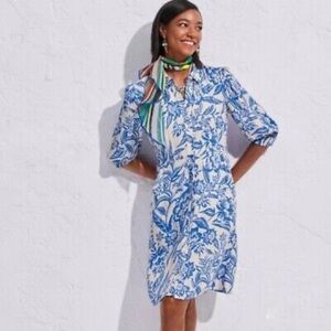 CAbi Athena dress Blue Cream Floral Button Front Shirt Pockets